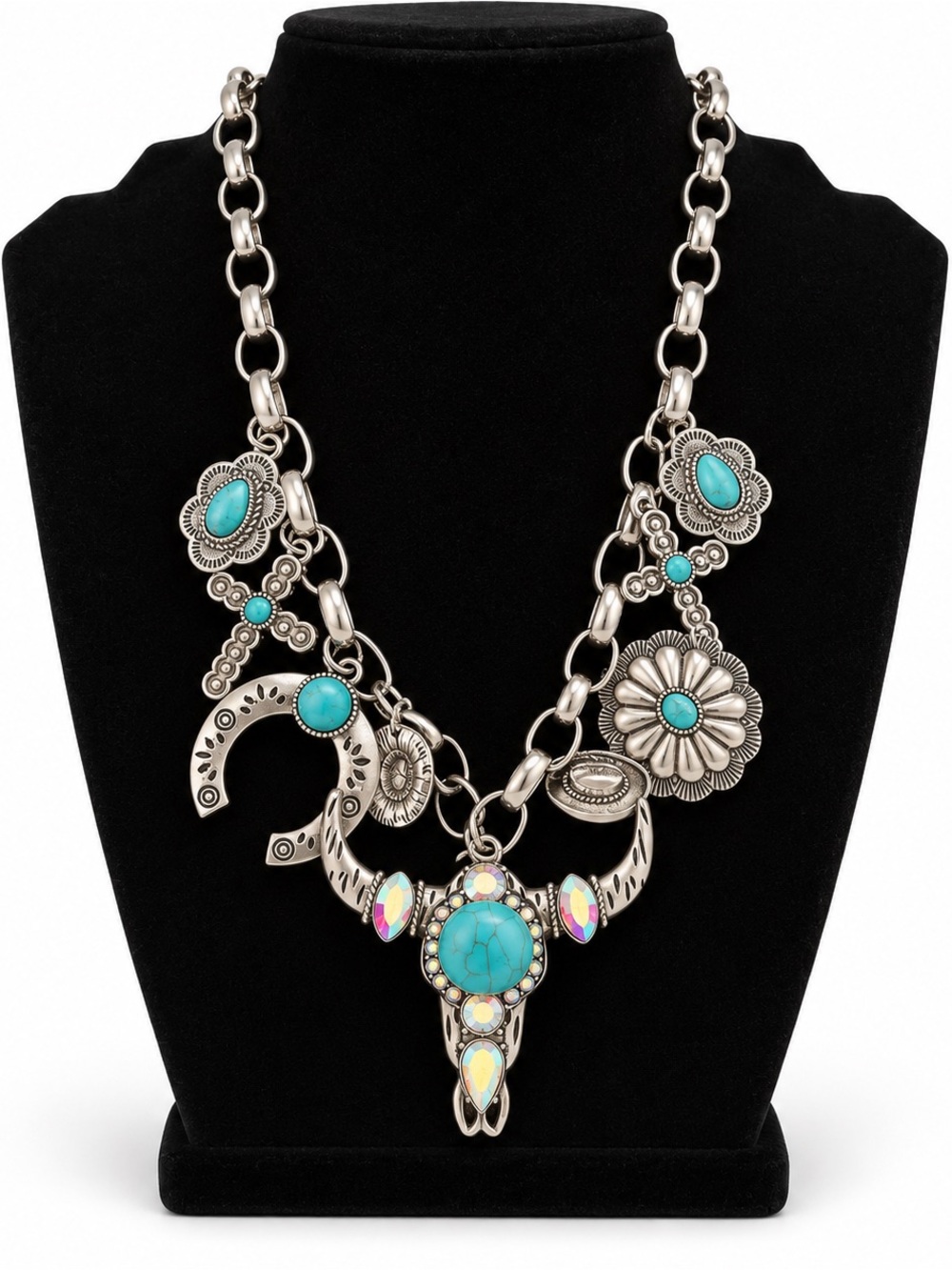 Silver-Tone Turquoise Colored Concho Statement Necklace - Women Jewelry